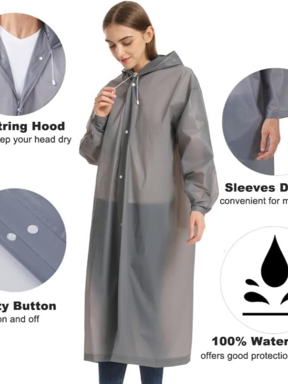 2 Pack Raincoats for Adults Reusable, EVA Rain Ponchos Lightweight Rain Coat Wat - Picture 3 of 8